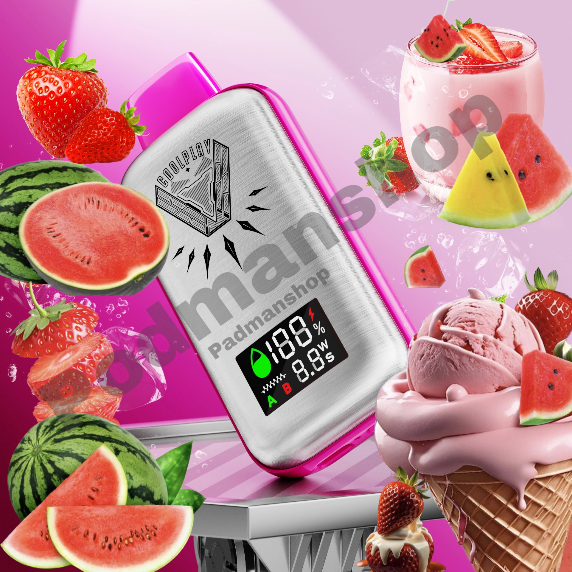 Coolplay Turbo 16000 Puffs Strawbery Watermelon|پاد یکبار مصرف 16000هزار پاف کول پلی طعم هندوانه توت فرنگی |پادمن شاپ|