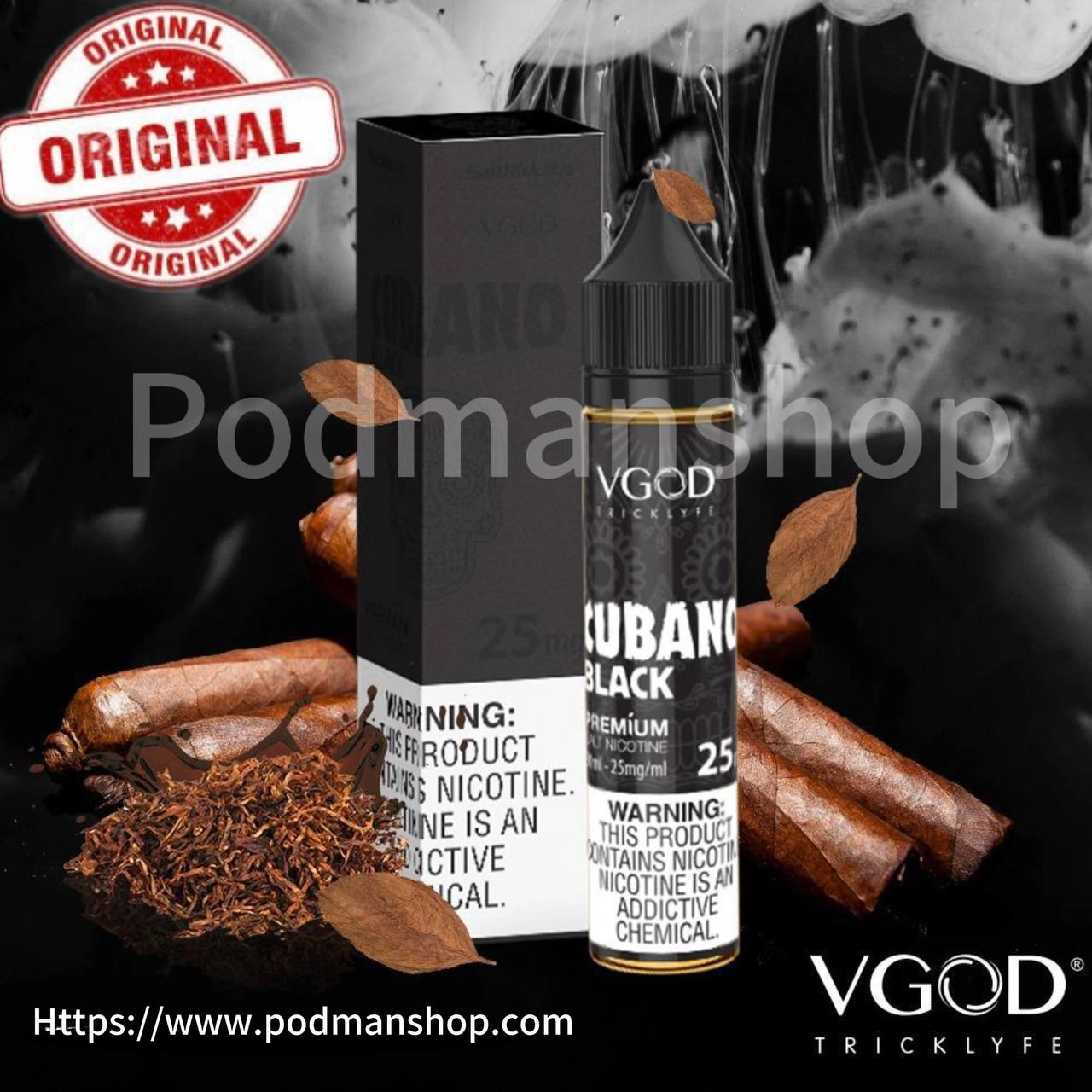 سالت نیکوتین VGOD Cubano Black با طعم توباکو و کاستارد وانیلی، نشان‌دهنده تعادل عالی بین طعم غنی توباکو و شیرینی ملایم کاستارد